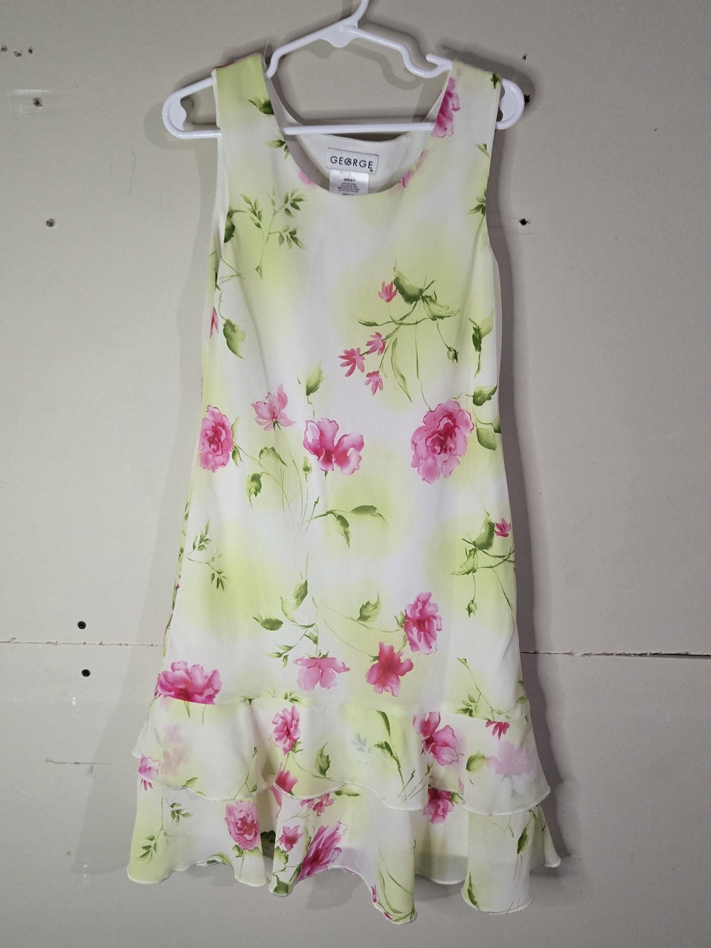 Vintage George Girls Pink & Green Floral Chiffon Ruffle Dress Flawed Size 7